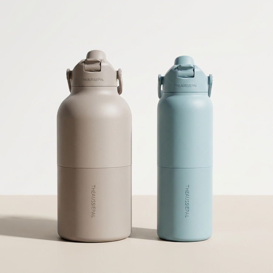 Aussie Pal 2L and 1L insulated bottles side by side, same height