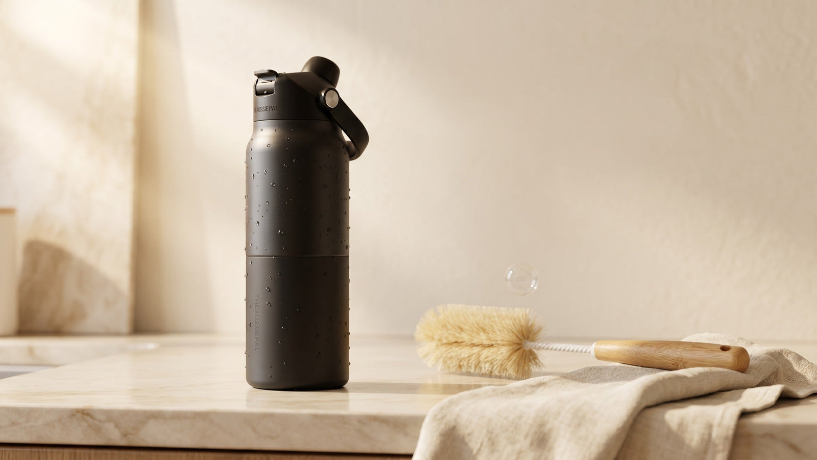 The Aussie Pal black insulated bottle, freshly cleaned, on kitchen counter