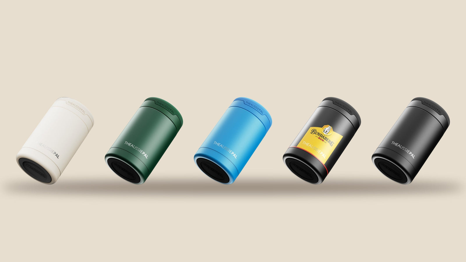 Five Aussie Pal stubby holders in Almond, Green, Blue, Bundaberg Rum, and Black