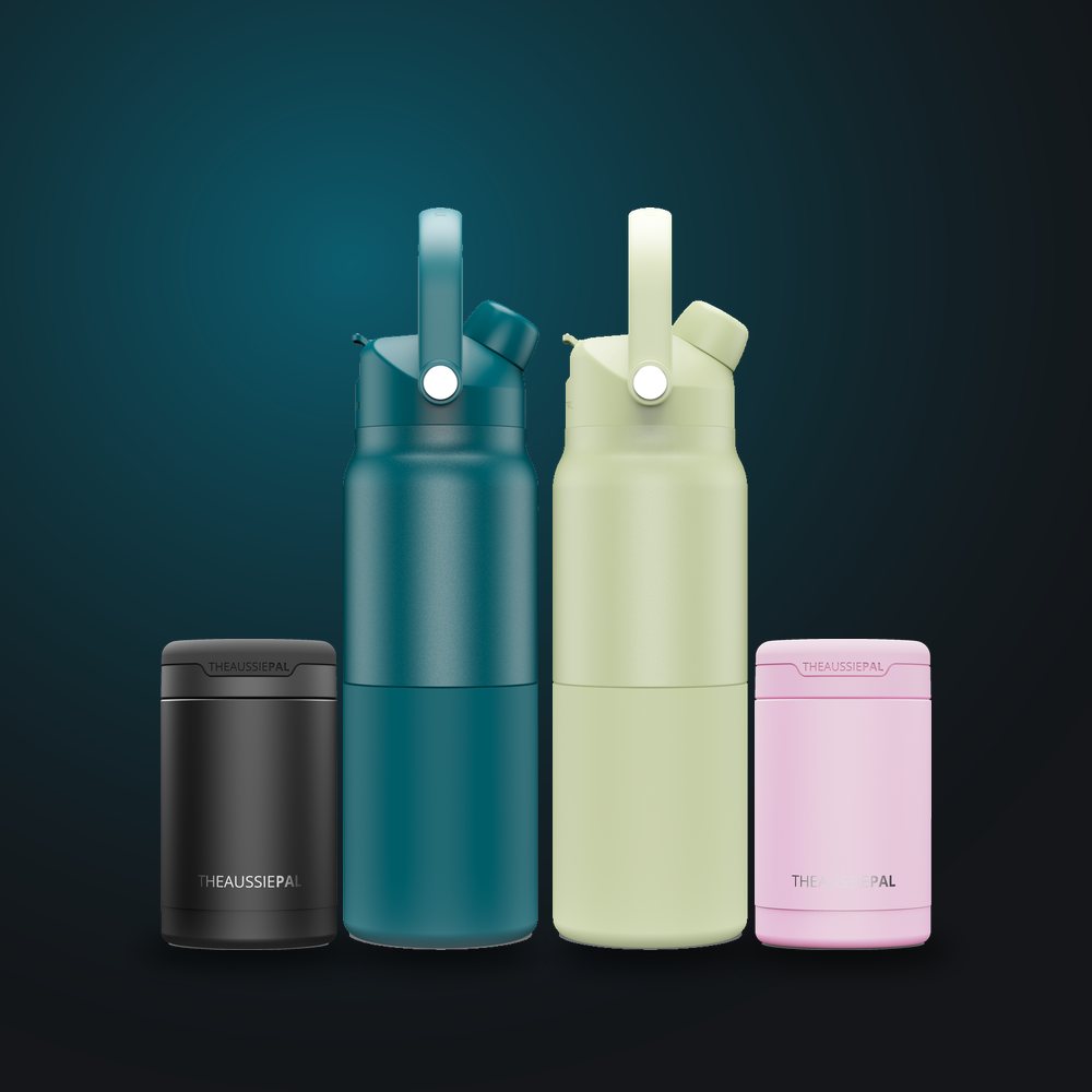 Two 1L bottles, Teal and Pistachio, with a Pink and a Black stubby holder